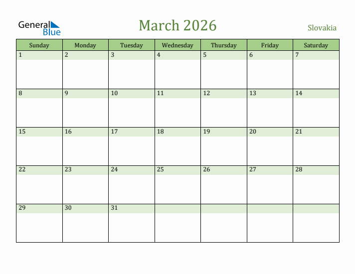 March 2026 Calendar with Slovakia Holidays