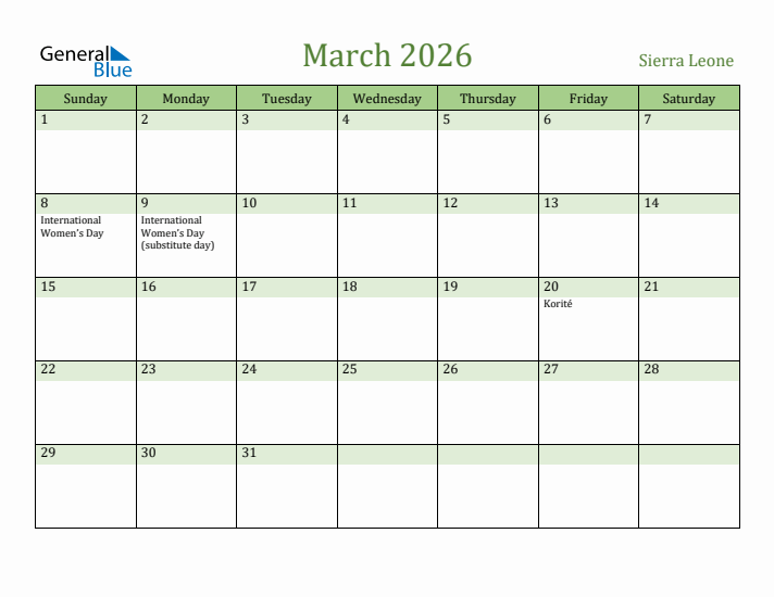 March 2026 Calendar with Sierra Leone Holidays
