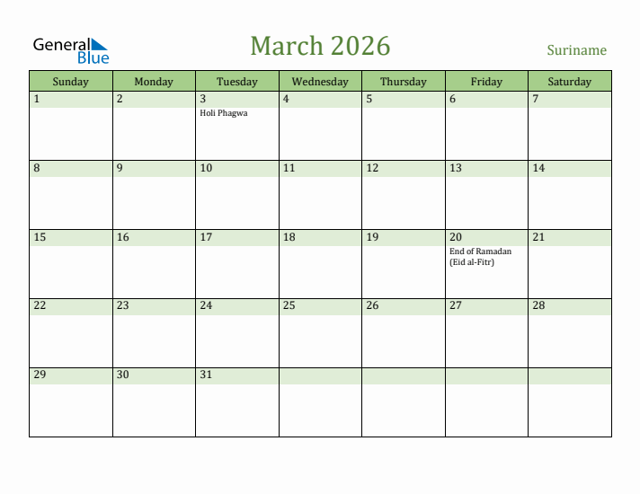 March 2026 Calendar with Suriname Holidays