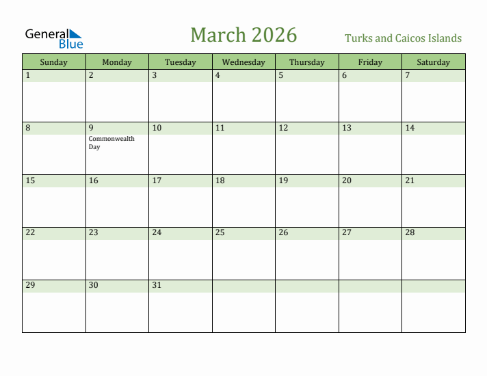 March 2026 Calendar with Turks and Caicos Islands Holidays