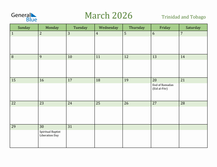 March 2026 Calendar with Trinidad and Tobago Holidays