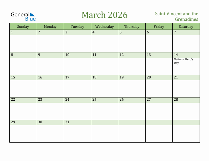 March 2026 Calendar with Saint Vincent and the Grenadines Holidays