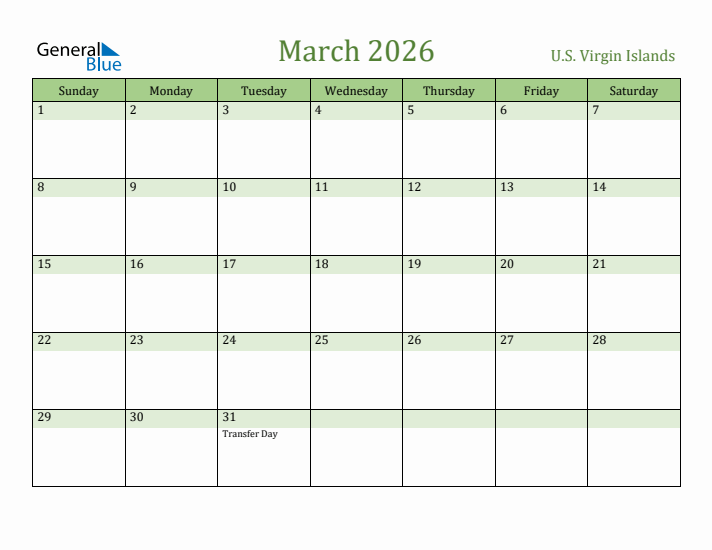 March 2026 Calendar with U.S. Virgin Islands Holidays