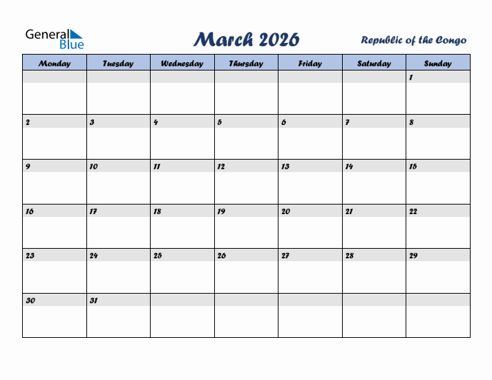 March 2026 Calendar with Holidays in Republic of the Congo