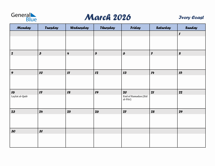 March 2026 Calendar with Holidays in Ivory Coast