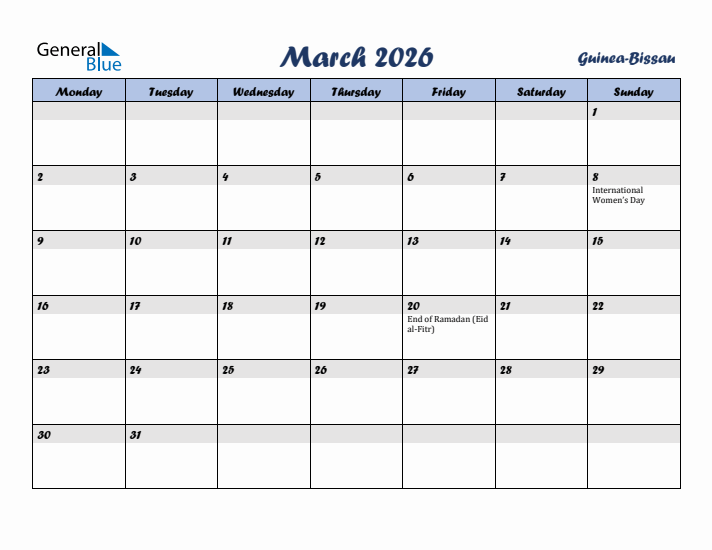 March 2026 Calendar with Holidays in Guinea-Bissau