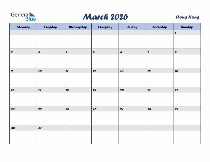 March 2026 Calendar with Holidays in Hong Kong