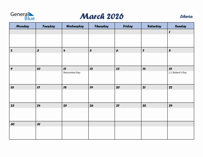 March 2026 Calendar with Holidays in Liberia