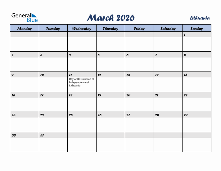 March 2026 Calendar with Holidays in Lithuania