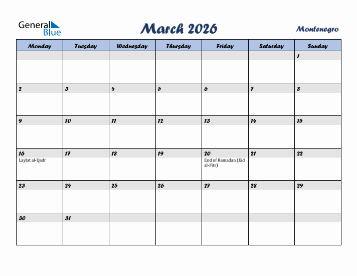 March 2026 Calendar with Holidays in Montenegro