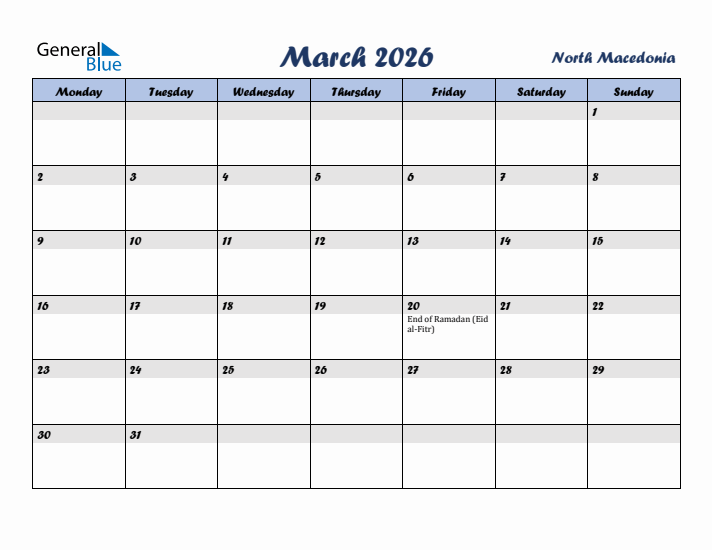 March 2026 Calendar with Holidays in North Macedonia
