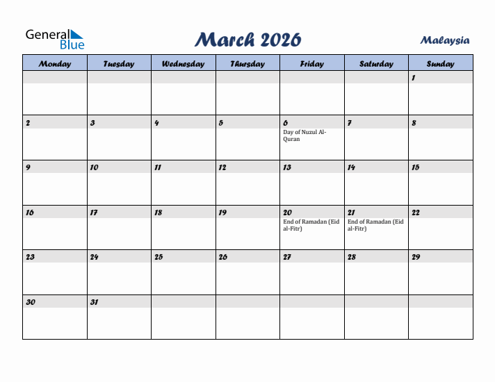 March 2026 Calendar with Holidays in Malaysia