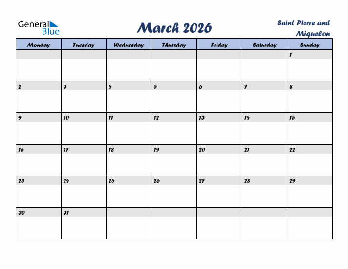 March 2026 Calendar with Holidays in Saint Pierre and Miquelon