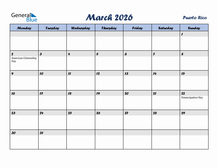 March 2026 Calendar with Holidays in Puerto Rico