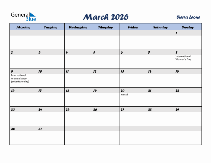 March 2026 Calendar with Holidays in Sierra Leone