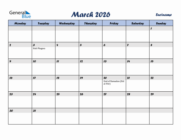March 2026 Calendar with Holidays in Suriname