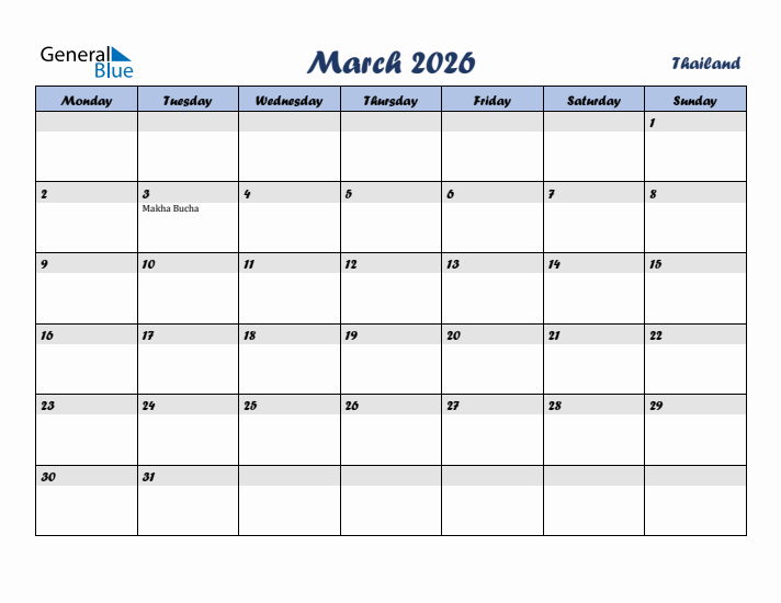 March 2026 Calendar with Holidays in Thailand
