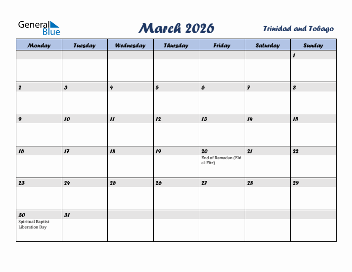 March 2026 Calendar with Holidays in Trinidad and Tobago