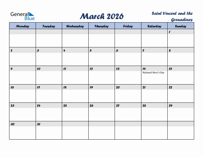 March 2026 Calendar with Holidays in Saint Vincent and the Grenadines