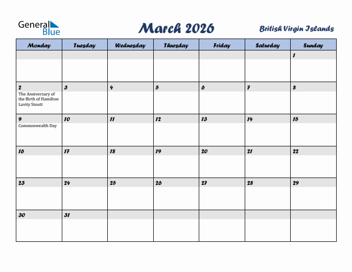 March 2026 Calendar with Holidays in British Virgin Islands
