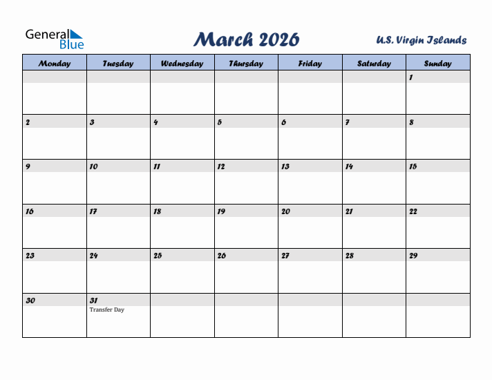 March 2026 Calendar with Holidays in U.S. Virgin Islands