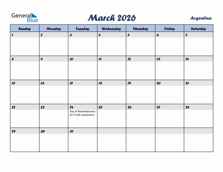 March 2026 Calendar with Holidays in Argentina
