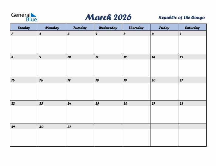 March 2026 Calendar with Holidays in Republic of the Congo