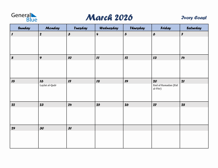 March 2026 Calendar with Holidays in Ivory Coast