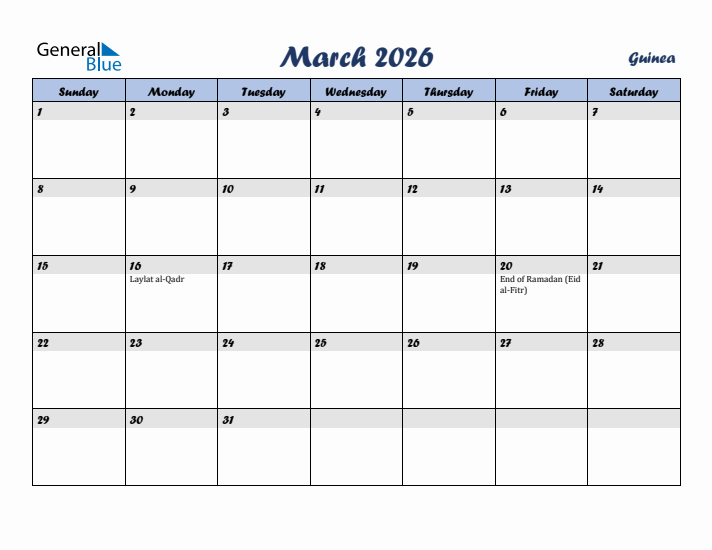 March 2026 Calendar with Holidays in Guinea
