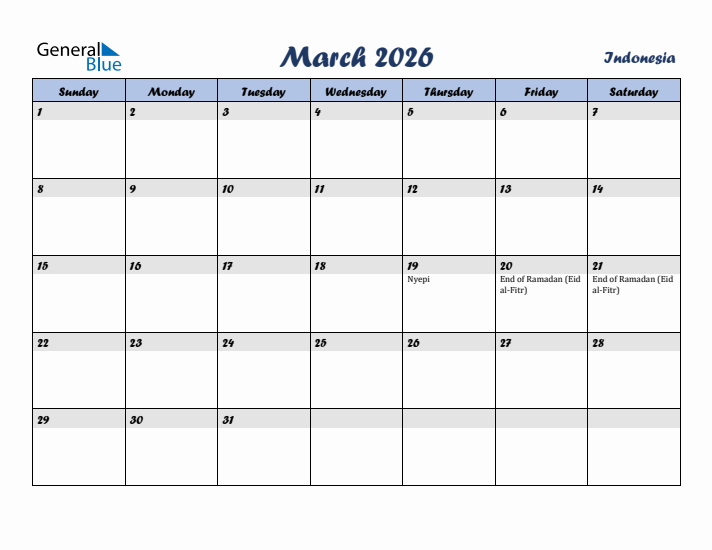 March 2026 Calendar with Holidays in Indonesia