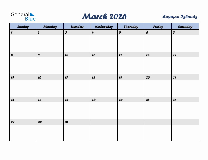 March 2026 Calendar with Holidays in Cayman Islands
