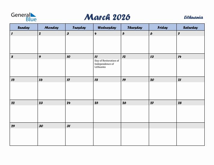 March 2026 Calendar with Holidays in Lithuania