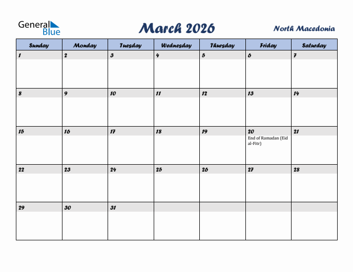 March 2026 Calendar with Holidays in North Macedonia