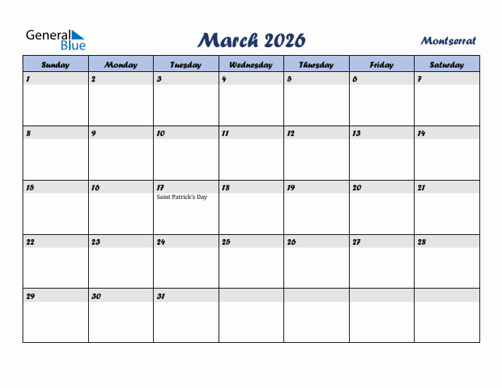 March 2026 Calendar with Holidays in Montserrat