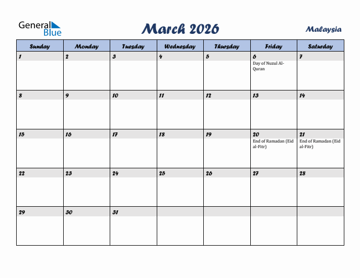 March 2026 Calendar with Holidays in Malaysia