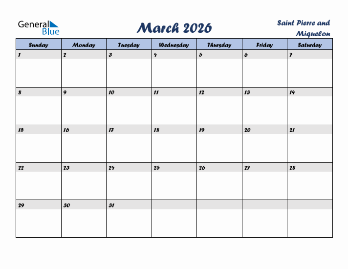 March 2026 Calendar with Holidays in Saint Pierre and Miquelon