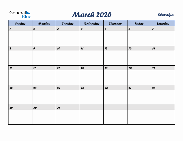 March 2026 Calendar with Holidays in Slovakia