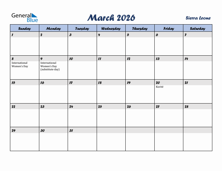 March 2026 Calendar with Holidays in Sierra Leone