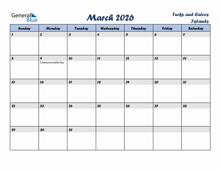March 2026 Calendar with Holidays in Turks and Caicos Islands