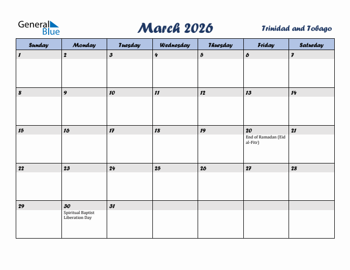 March 2026 Calendar with Holidays in Trinidad and Tobago