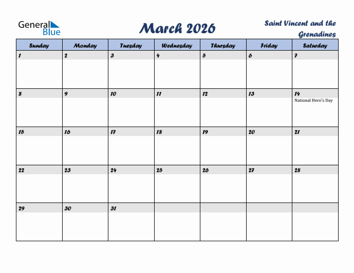 March 2026 Calendar with Holidays in Saint Vincent and the Grenadines