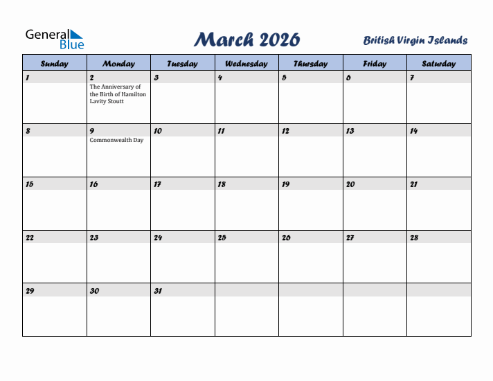 March 2026 Calendar with Holidays in British Virgin Islands
