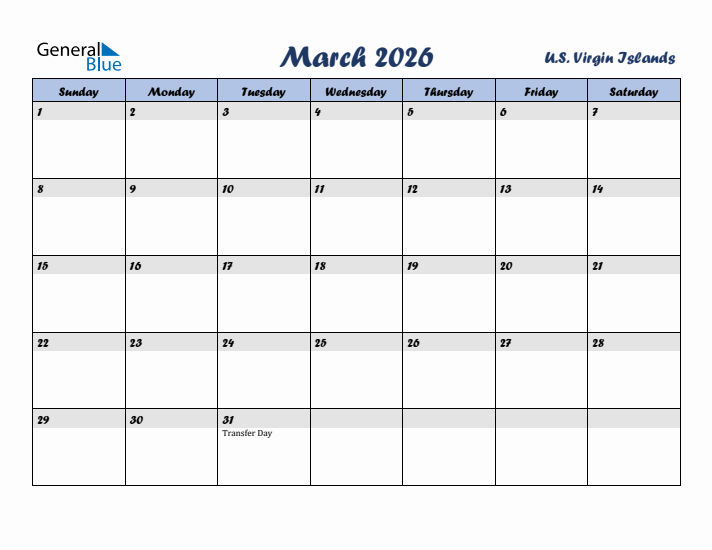 March 2026 Calendar with Holidays in U.S. Virgin Islands