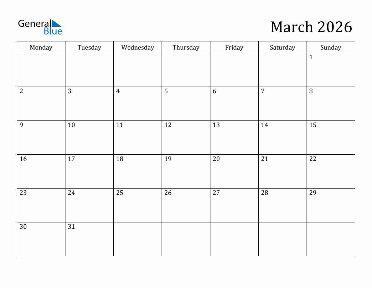 March Monday Start Calendar (PDF, Excel, Word) March Monday Start Calendar (PDF, Excel, Word)