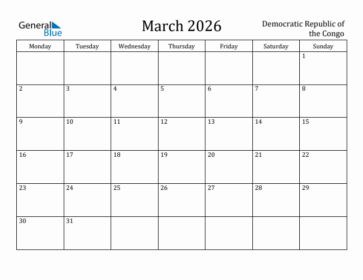 March 2026 Calendar Democratic Republic of the Congo