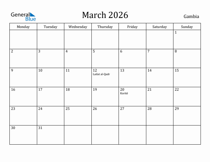 March 2026 Calendar Gambia