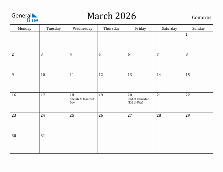 March 2026 Calendar Comoros