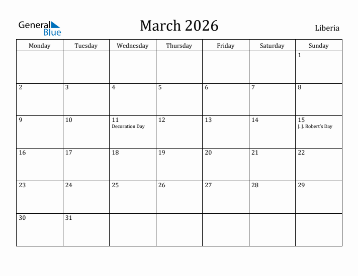 March 2026 Calendar Liberia