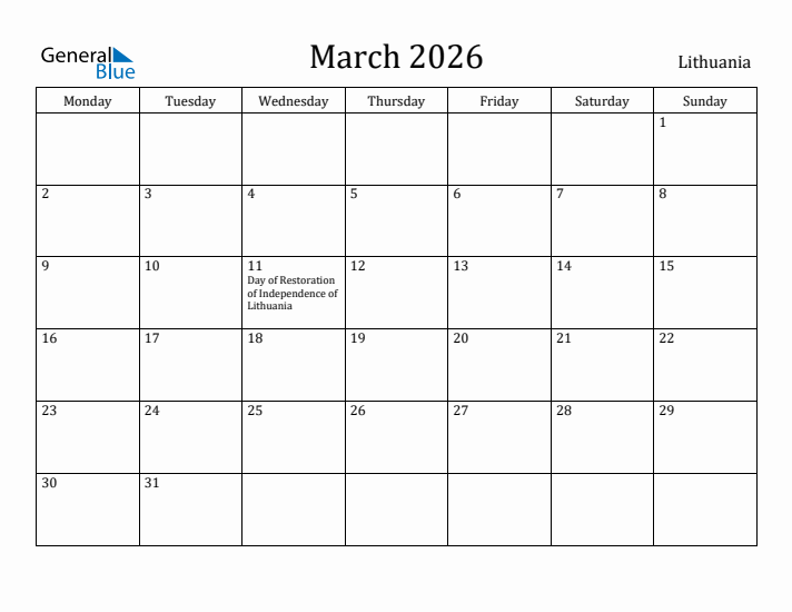 March 2026 Calendar Lithuania