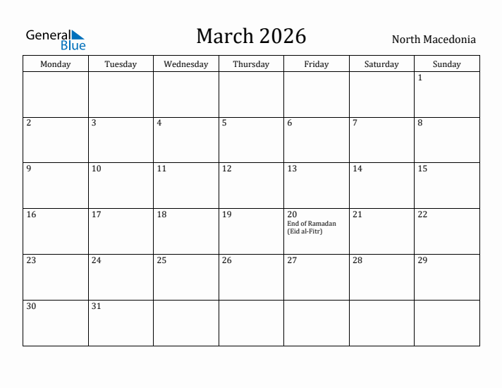 March 2026 Calendar North Macedonia